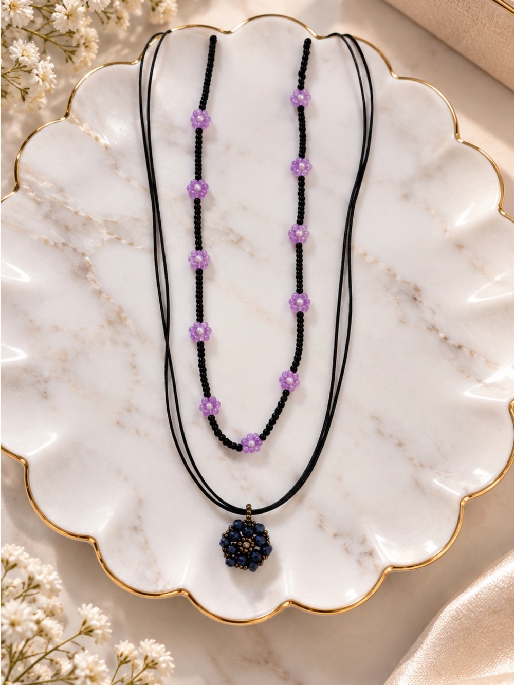 2-piece Beaded Layered Black Beaded Necklace Set With Purple Floral